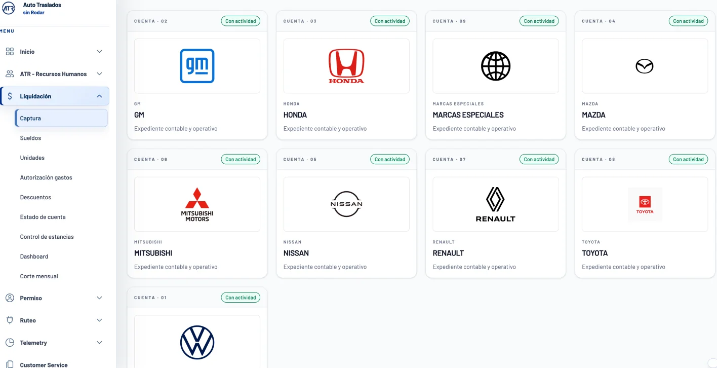 Panel multicuenta de Hauler ERP con una cuenta por armadora: GM, Honda, Mazda, Mitsubishi, Nissan, Renault, Toyota y Volkswagen