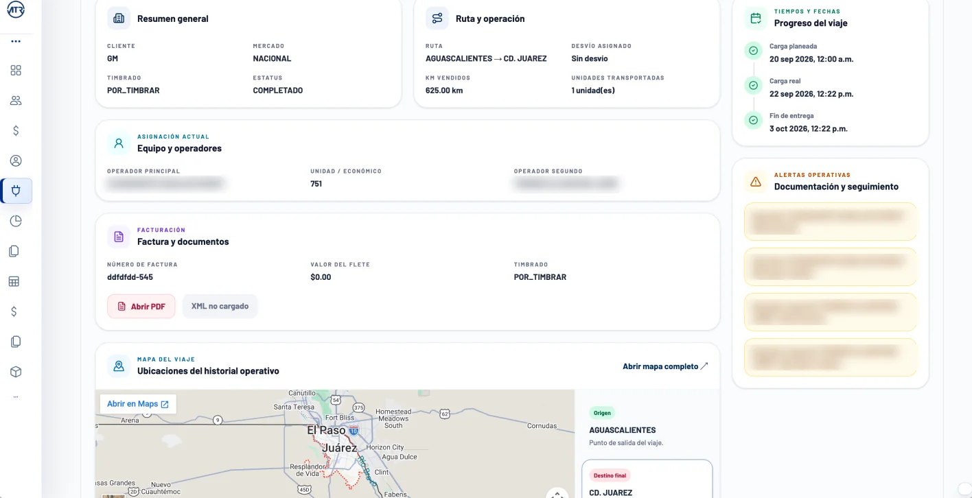 Pantalla de detalle de viaje en Hauler ERP: resumen, ruta, equipo, facturación y alertas de documentación