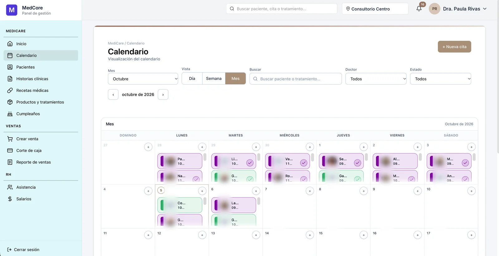 Calendario mensual de MedCore con citas por paciente, doctor y estado