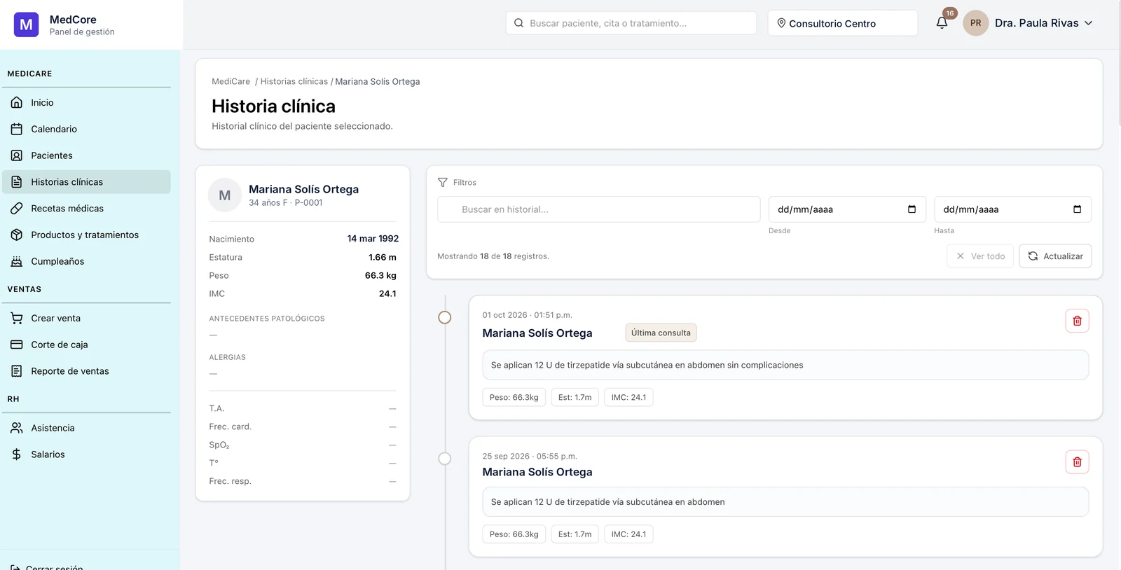 Historia clínica en MedCore: datos del paciente, filtros y línea de tiempo de consultas