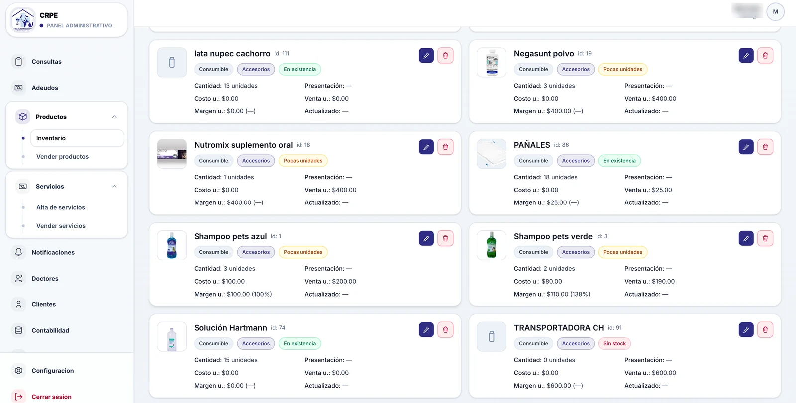 Inventario de productos en VetCore con existencias, costo, venta, margen y avisos de pocas unidades